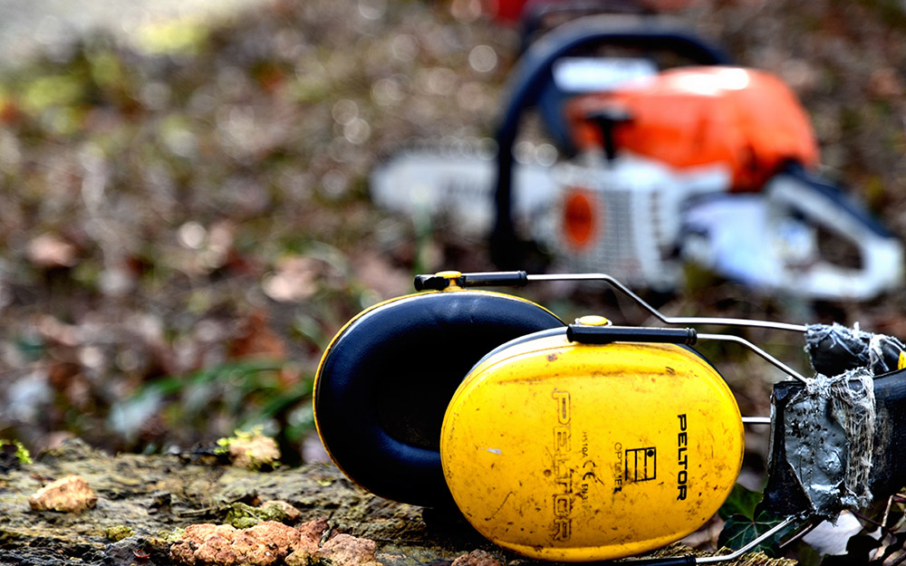 Gehörschutz und Motorsäge von Baumpfleger